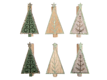 Vánoční kolíčky s filcovou a dřevěnou ozdobou 6ks - stromky