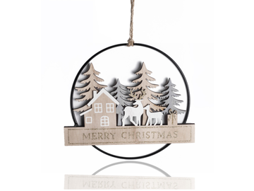 Vánoční dekorační kruh s dřevěnou ozdobou 22x15cm - šedo-bílá